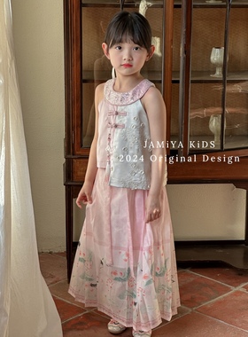 jamiya童装女童新中式套装国风盘扣小衫马面裙两件套夏款裙子粉色