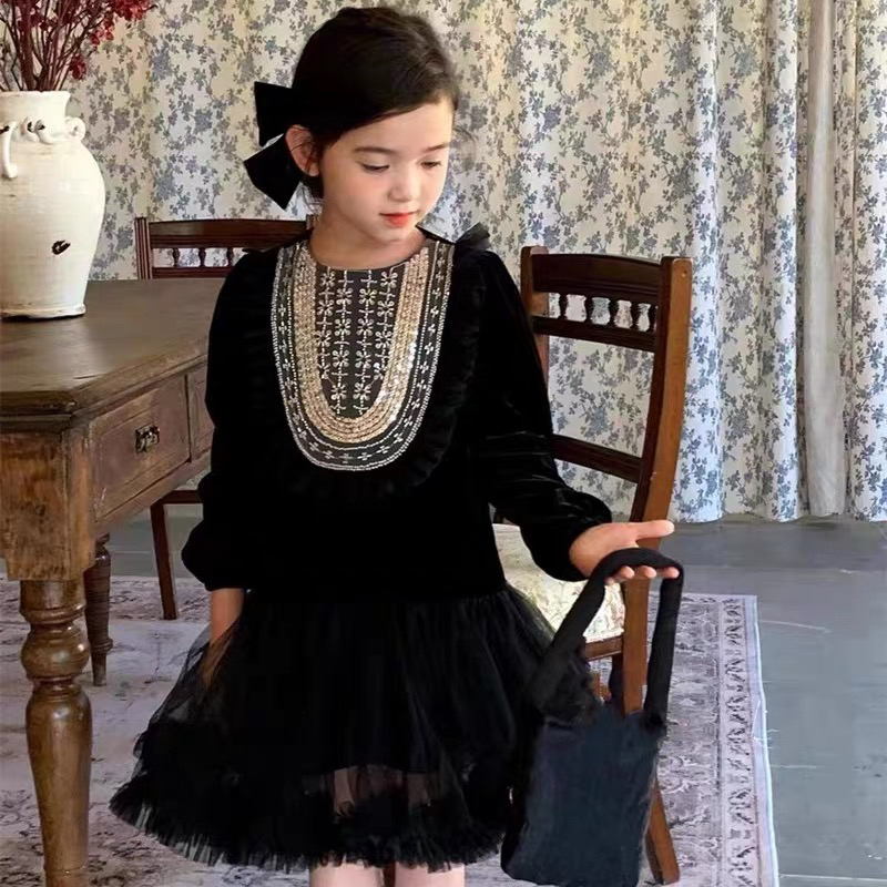 清仓Ds正版女童秋冬连衣裙丝绒甜美公主裙洋气生日派对礼服连衣裙