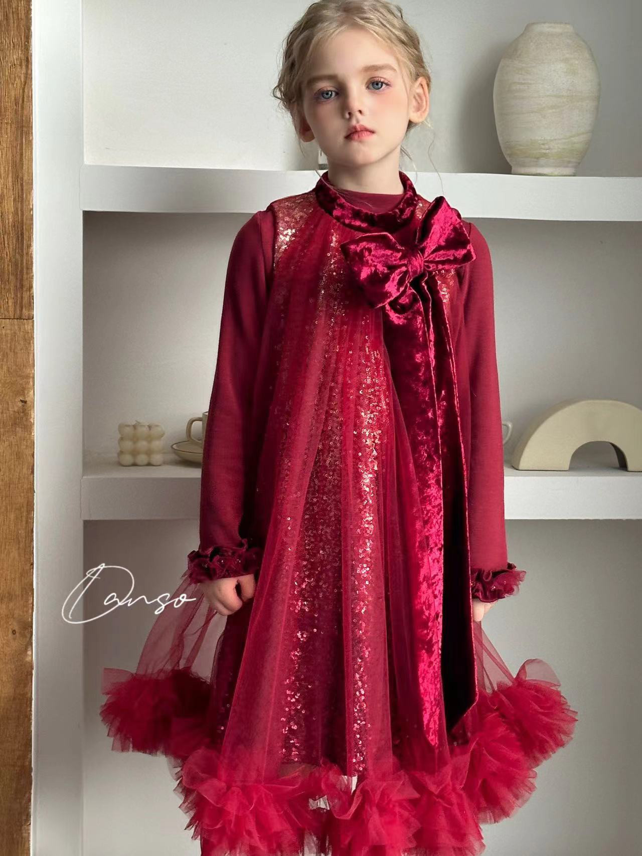 女童红色连衣裙Ds年款纱裙不加绒大裙摆礼服裙蝴蝶结公主背心裙