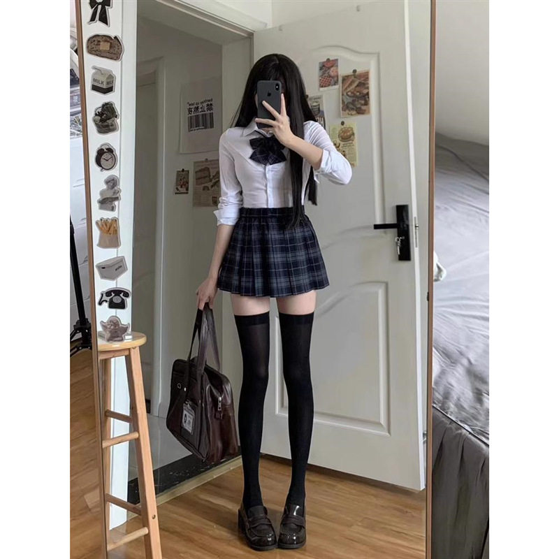 原创jk制服裙正版高腰百褶裙女狗短淑格裙纯欲风收腰衬衫套装秋冬