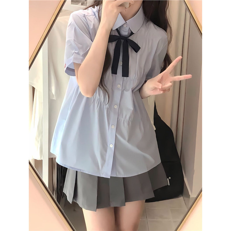 学院风套装女夏季短袖衬衫学生上衣减龄高腰显瘦jk百褶短裙两件套