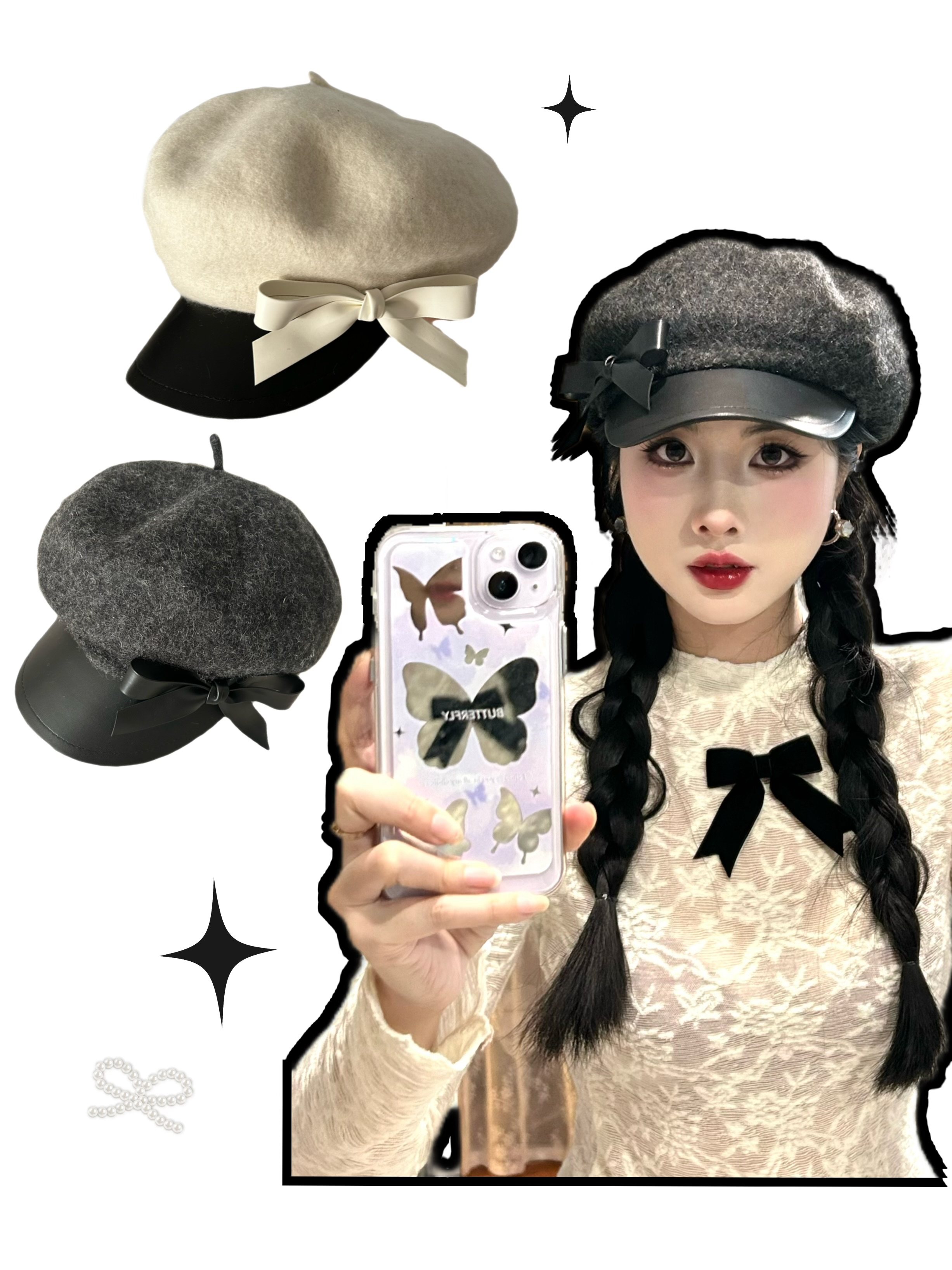 蝴蝶结画家八角帽毛呢