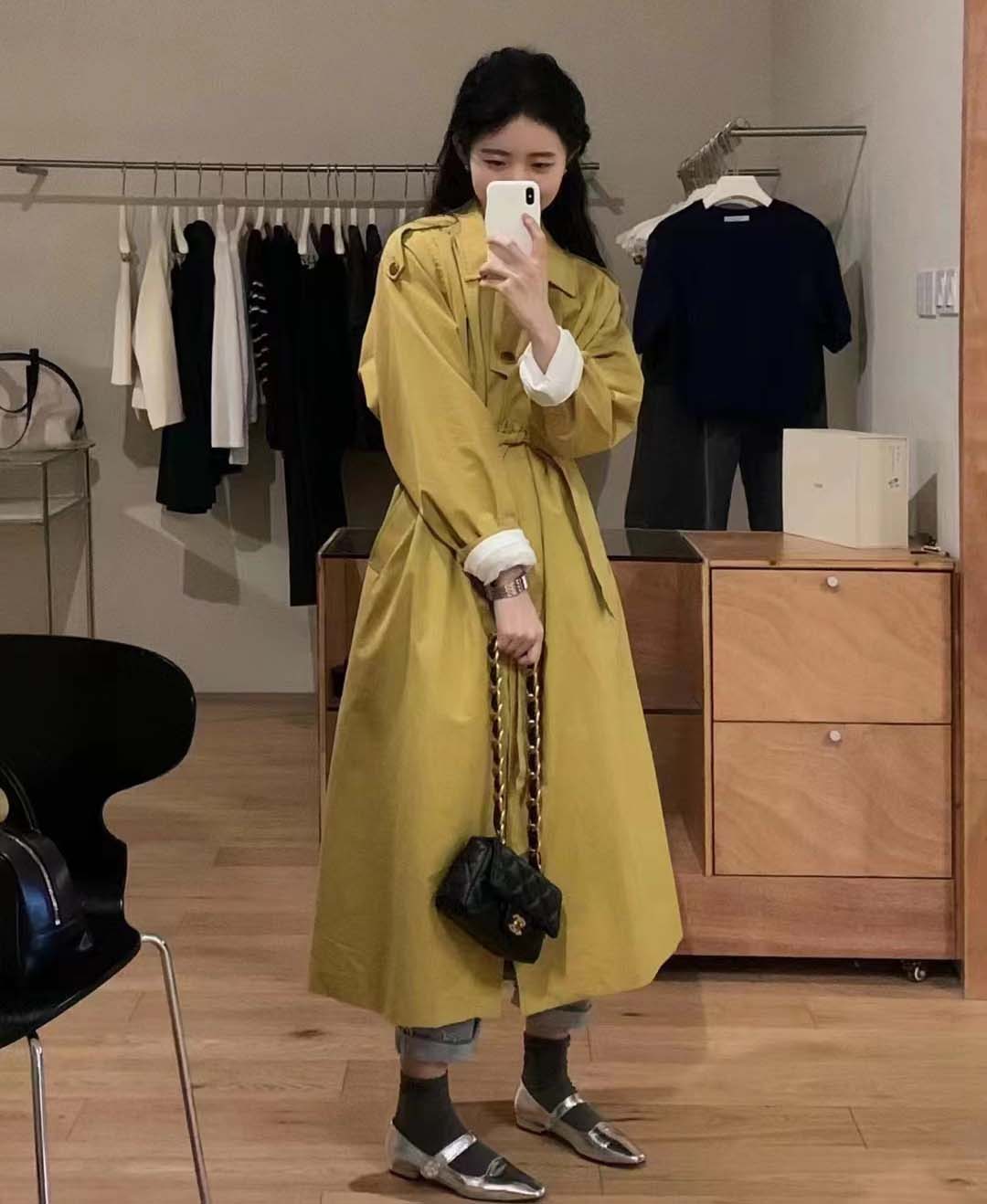 韩国代购长袖翻领长款百搭显瘦