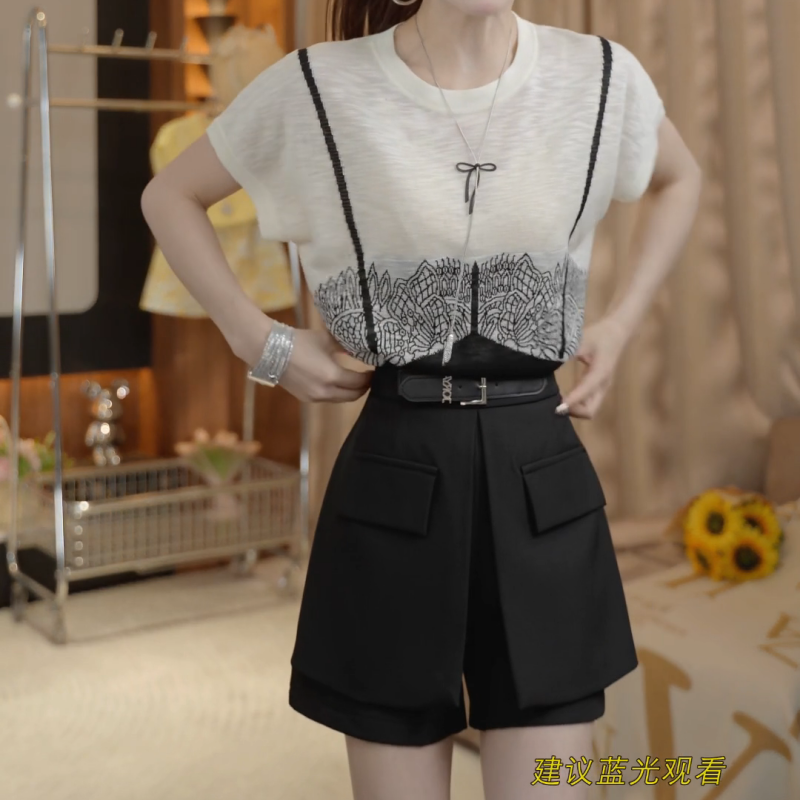 2025超火夏装一整套装圆领假两件短袖T恤女百搭时尚气质西装裤裙