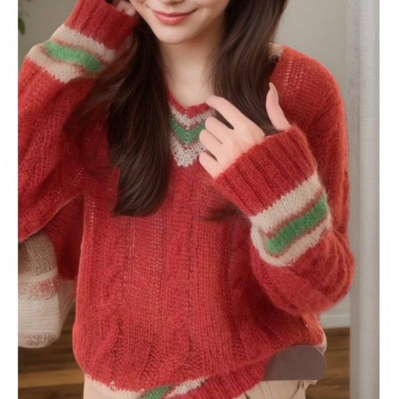 红色V领撞色麻花小衫女款2025冬季新款宽松套头学院风针织衫上衣