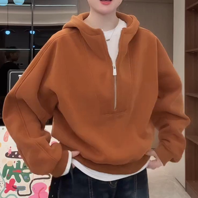 半拉链连帽卫衣女秋季2025新款爆款宽松休闲短款长袖帽衫保暖上衣