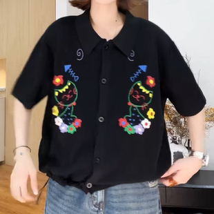 彩线百搭黑小猫POLO衫 2025新款 T恤女
