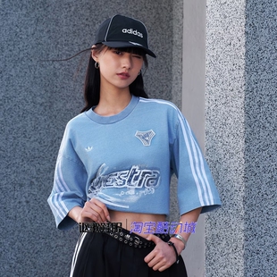 阿迪达斯三叶草女子新款时尚丝印图案纯棉牛仔布短袖T恤KZ5011
