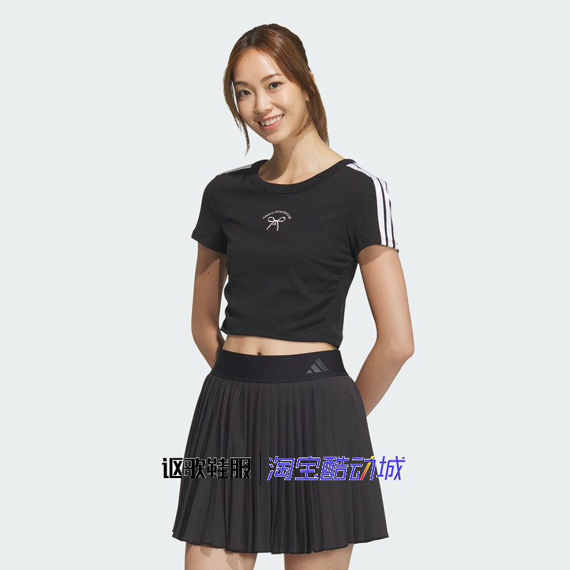 阿迪达斯女子夏季新款蝴蝶结图案短款修身运动休闲短袖T恤JY7649