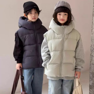 儿童羽绒马甲韩版 男童女童中大童白鸭绒加厚外套连帽坎肩背心 短款