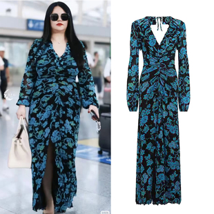 李湘同款 裙子 V领碎花印花连衣裙女夏2025新款 轻奢高级感网纱长袖