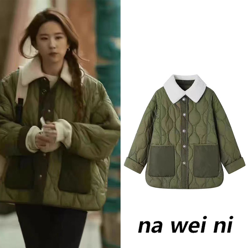 2024秋冬新款军绿色菱形格棉服女