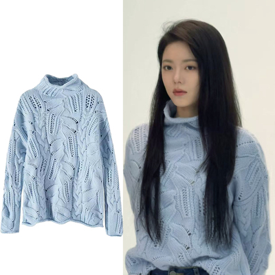 赵今麦同款半高领镂空针织衫