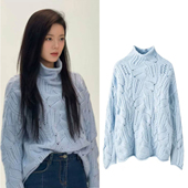 骄阳似我赵今麦聂曦光同款 蓝色毛衣女冬宽松半高领镂空针织衫 上衣