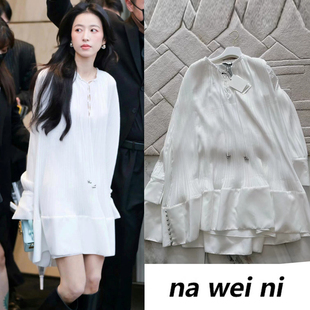 春色寄情人周雨彤庄洁同款白色系带连衣裙女夏季压褶百褶娃娃裙子