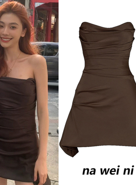 易梦玲同款连衣裙女裹胸鱼骨抹胸纯欲一字肩礼服辣妹性感A字短裙