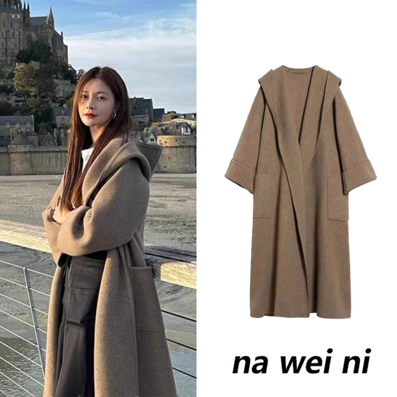 咖色羊绒双面呢过膝连帽长款风衣