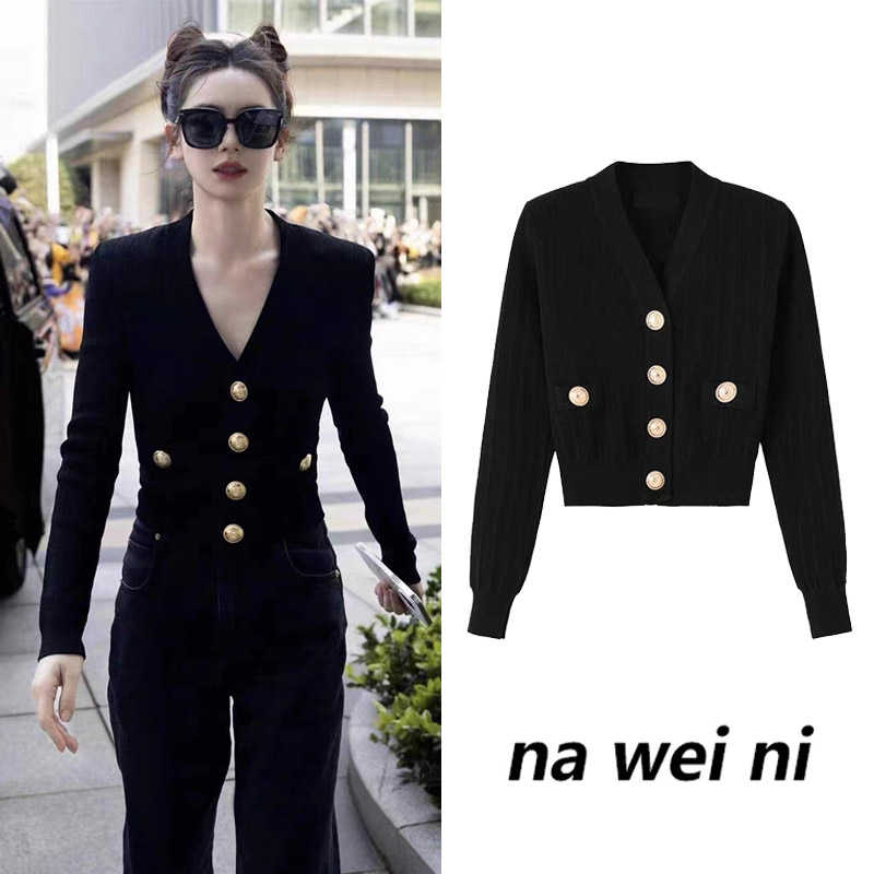 戚薇同款黑色V领小香风针织衫女