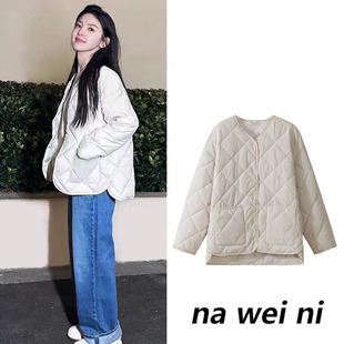 章若楠明星同款白色圆领菱格棉服女冬2025新款轻薄羽绒服棉衣外套