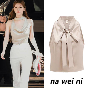 许我耀眼赵露思许妍同款 穿搭荡领飘带蝴蝶结系带挂脖背心女短上衣