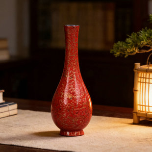 红金犀漆皮花瓶漆器镶嵌水晶螺钿非遗福州脱胎大漆净瓶客厅摆件