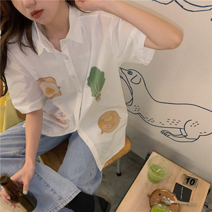 PS34774# 韩国夏日新品纯色少女衬衣宽松温婉甜美短袖衬衫