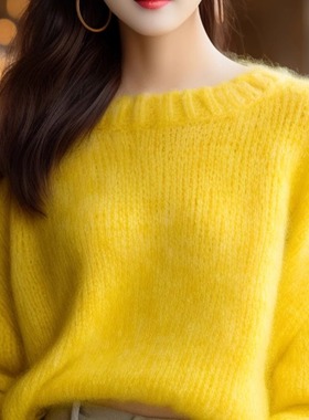 欧货重工黄色圆领女士毛衣秋冬慵懒风温柔今年流行漂亮打底羊绒衫