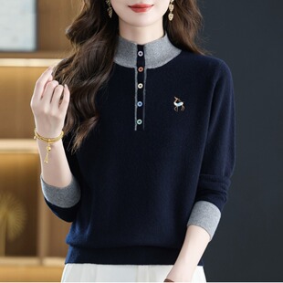 羊毛衫女秋冬新款半高领针织打底衫宽松显瘦拼色套头毛衣厚