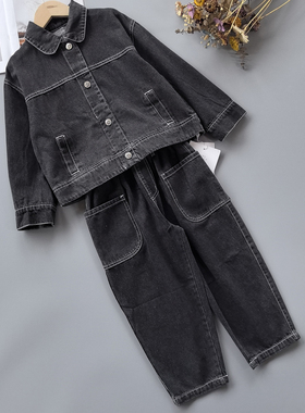 110/120/150 答K 女童男休闲套装春季女孩短款牛仔外套长裤两件套