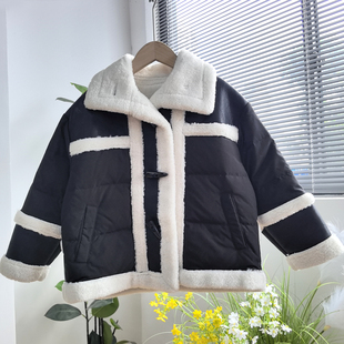 120-150 吾*堂 女童羊羔毛拼接羽绒服冬季短款外套保暖洋气潮
