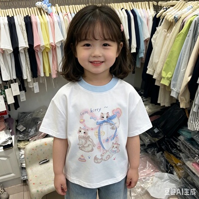 2026新款女童小猫蝴蝶结短袖T恤夏季韩版110-150卡通印花中童尺码