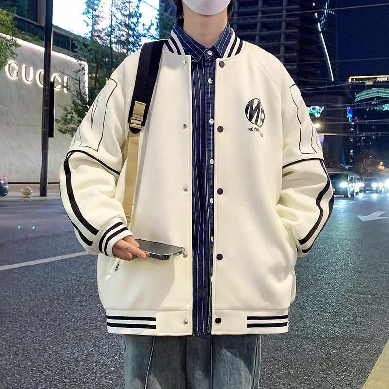 白色棒球服男春秋冬款潮牌美式褂夹克