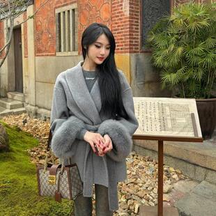 夜与都柏林双面羊绒短款 羊毛大衣女狐狸毛皮草高级感斗篷毛呢外套