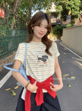 SUSAN-十三行夏上新韩系减龄慵懒通勤狗狗印花条纹短袖T恤女si76