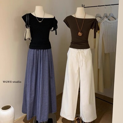 设计感蝴蝶结绑带斜肩短袖T恤女