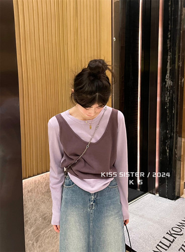 气质温柔风假两件拼接上衣女春夏