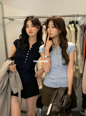 THE LIMON柠檬绿茶早秋季自留款简约半排扣V领超细短袖针织上衣女
