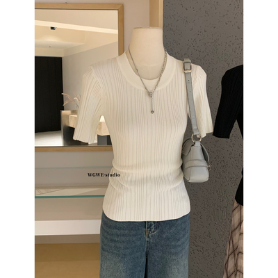 老钱风冰麻圆领气质正肩针织上衣