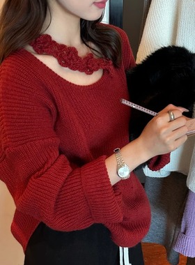 THE LIMON秋冬磨毛绒手工钩花长袖毛衣女设计感立体花朵针织上衣