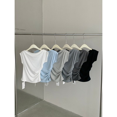 BEFORE SUNSET 日落十三行夏季显瘦不规则抽褶荡领上衣短袖T恤女