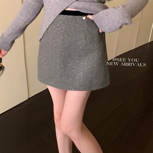 SEE YOU财阀千金冬季显瘦高级感细闪亮丝撞色短裙女A字西装半身裙