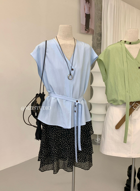 MZI STUDIO优雅v领飞飞袖系带收腰小飞袖坎肩衬衫女配腰带157311