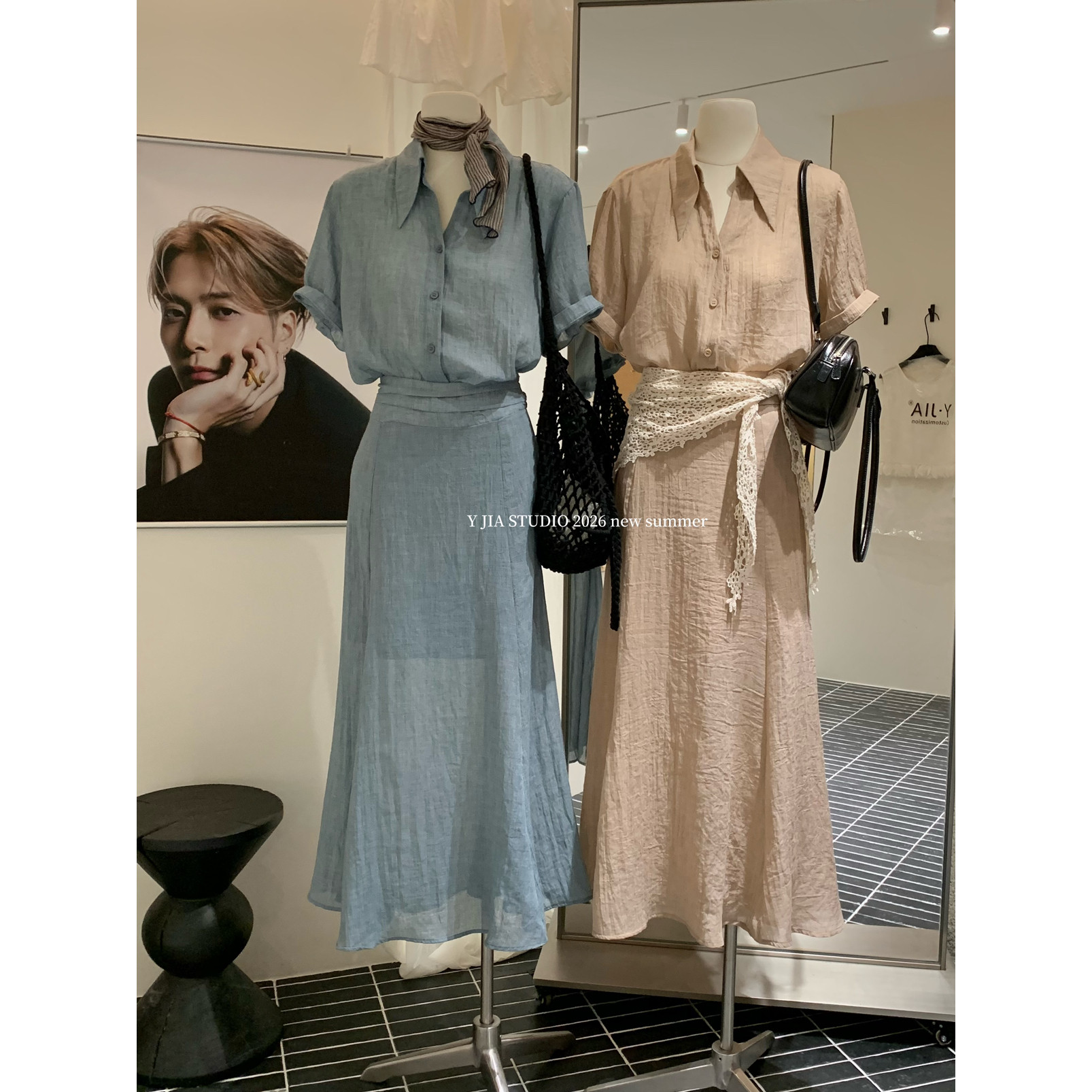 Y.JIA伊嘉夏季新款老钱风棉麻衬衫+修身显瘦鱼尾半身裙套装女2232
