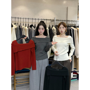 VI+唯一家十三行冬季法式优雅一字肩气质简约不规则针织衫女20032