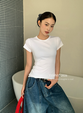 YUANXI元熙十三行26早春显瘦纸片感蚂蚁腰设计显瘦短袖T恤女26313