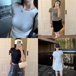 KAPOK十三行2026年春夏新款减龄小马刺绣百搭修身短袖T恤女26105