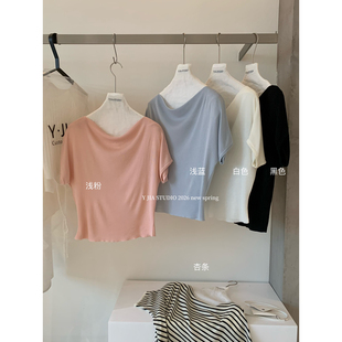 Y.JIA伊嘉十三行夏季 显瘦针织上衣女315 温柔松弛感荡领斜肩蝙蝠袖