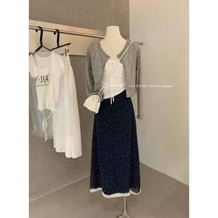 女Y26 Y.JIA 绝美蓝色碎花蕾丝半身裙三件套装 防晒开衫 8866 伊嘉