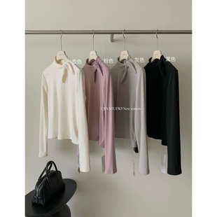 YJIA伊嘉十三行秋冬显瘦领结磨毛半高领长袖打底T恤上衣女95285