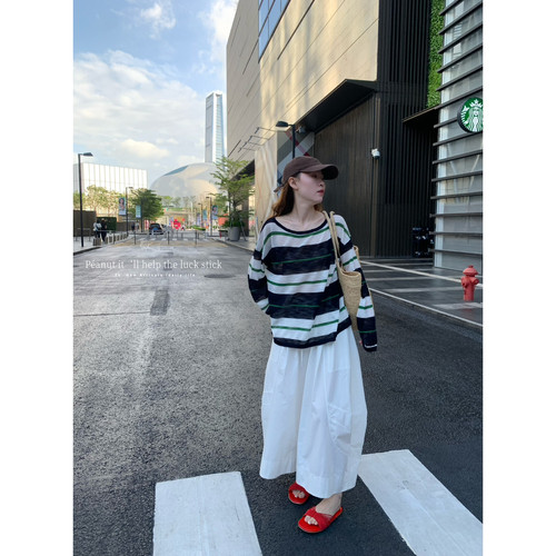 peanut花生家十三行夏季韩系宽松条纹防晒冰丝针织衫上衣女11258